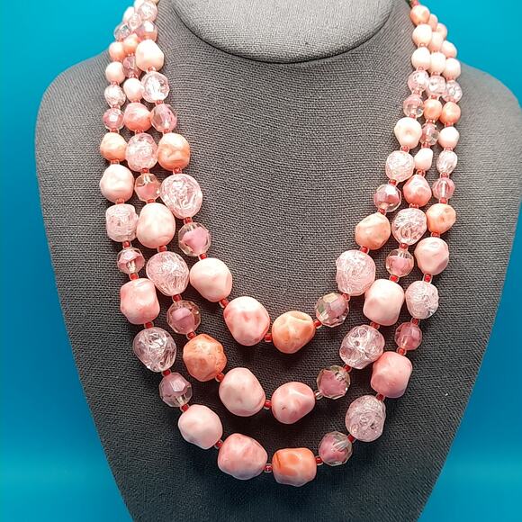 Vintage Western Germany Pink Bead Necklace, Red Seed Beads, Lucite Beads - Picture 6 of 10
